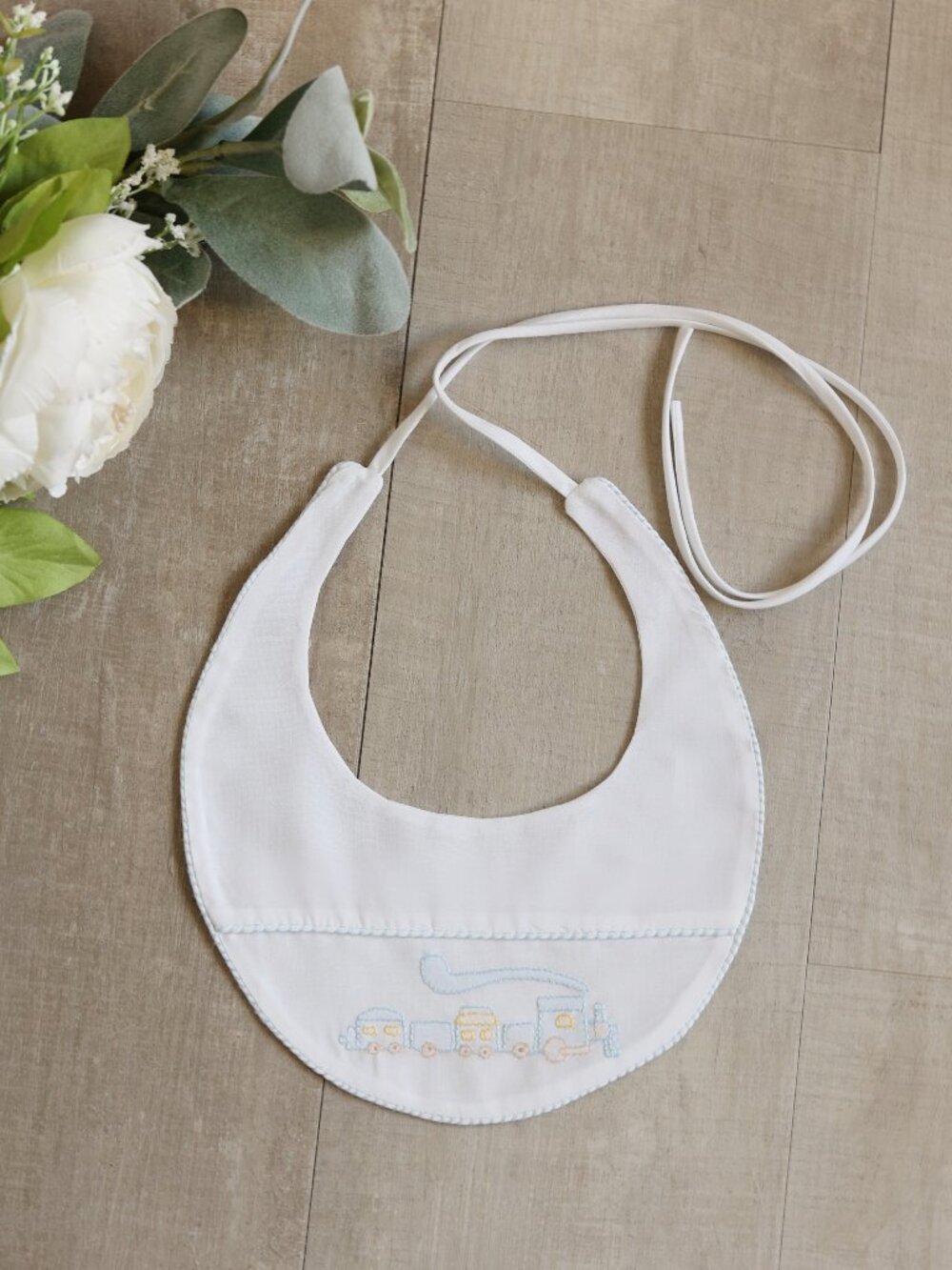 Boy's White Heirloom Bib Shadow Embroidery Vintage Train Blue Trim One Size NWOT